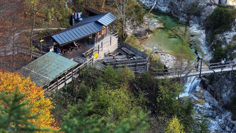 Holzhütte und Brücke in den Ötschergräben, umgeben von Herbstlaub und einem klaren Fluss.