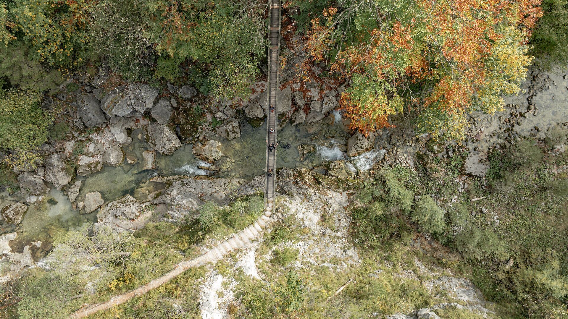 Die herbstlichen Farben der Bäume spiegeln sich im klaren Wasser des Baches wider, während eine schmale Holzbrücke die beiden Ufer verbindet. Hier, im Naturpark Ötscher-Tormäuer, entfaltet sich die Schönheit der Natur in voller Pracht und lädt Wanderer zu unvergesslichen Erlebnissen ein.