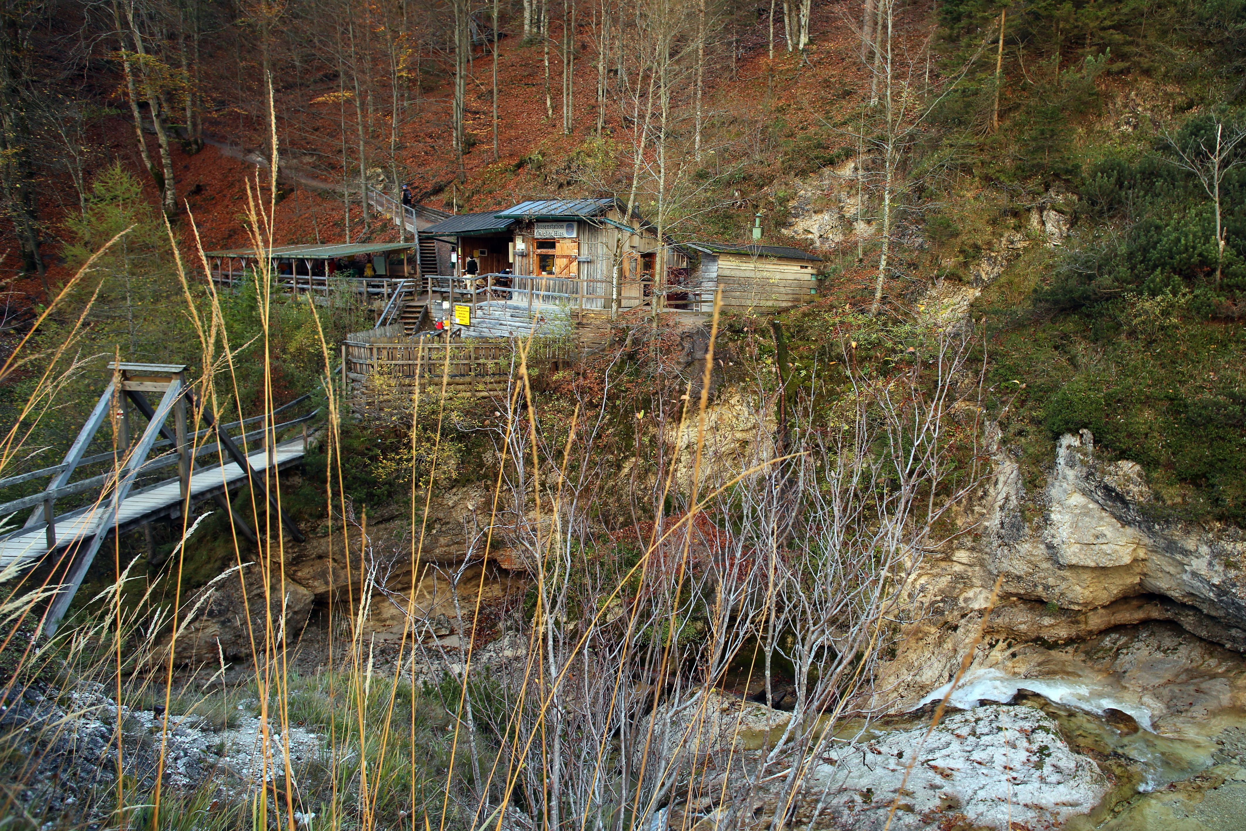 Holzhütte in den Ötschergräben mit Brücke und herbstlicher Landschaft.