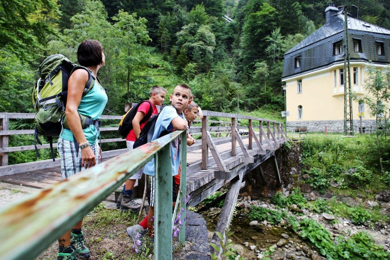 Eine Gruppe von Menschen steht auf einer Holzbrücke in einer grünen, bewaldeten Umgebung. Im Hintergrund ist ein gelbes Gebäude zu sehen.
