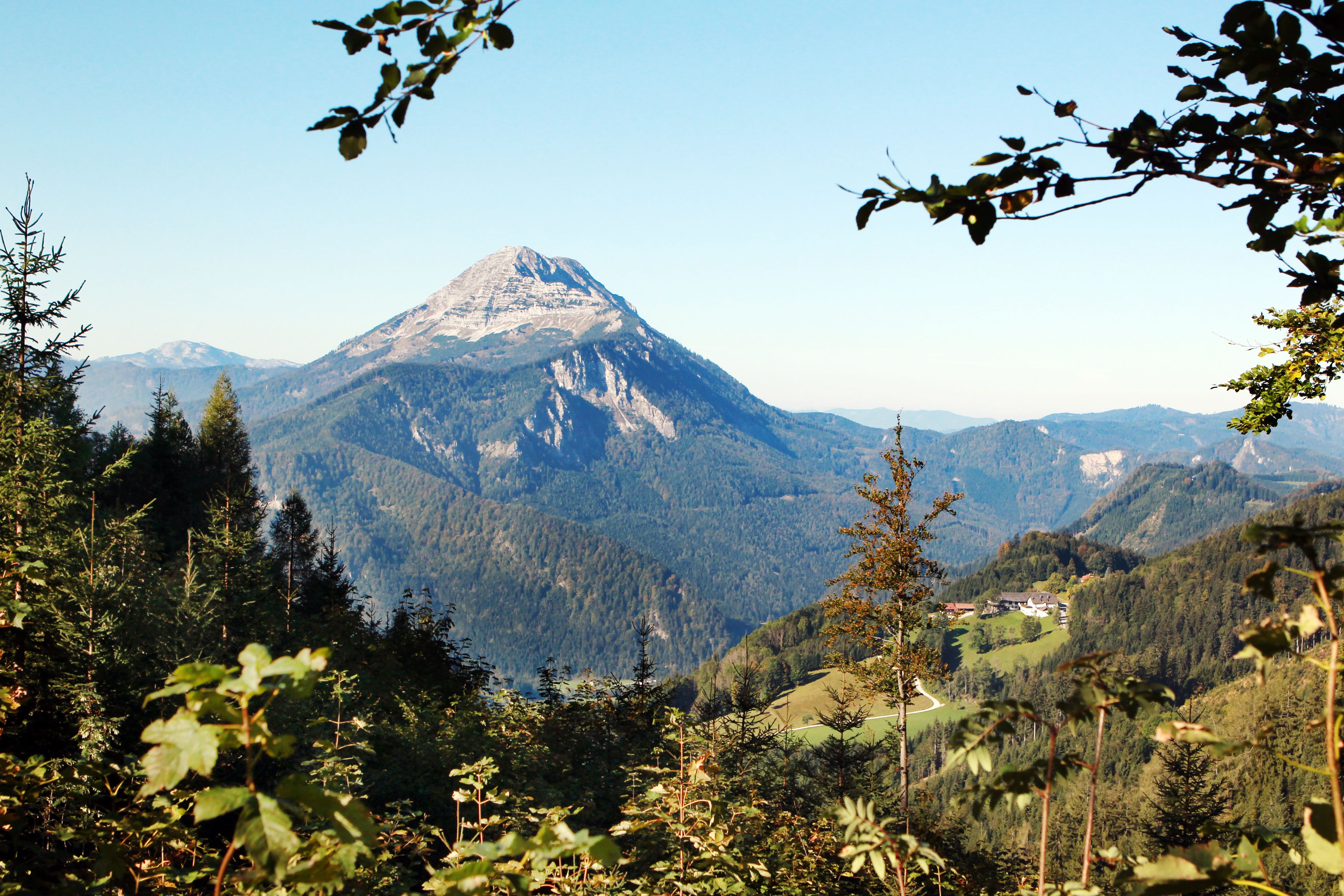 Blick auf den Ötscher von Gösing aus, umgeben von Wäldern und Hügeln.