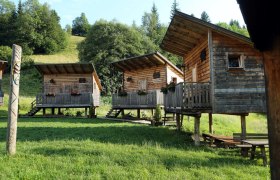 Drei Holzhütten auf Stelzen mit Veranda in einem grünen, bewaldeten Gebiet.