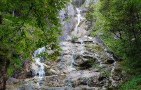 Ein Wasserfall fließt über Felsen in einem bewaldeten Gebiet.