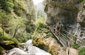 Ein malerischer Wanderweg schl&auml;ngelt sich entlang des rauschenden Wassers, umgeben von &uuml;ppigem Gr&uuml;n und majest&auml;tischen Felsen. Familien genie&szlig;en die frische Luft und die atemberaubenden Ausblicke auf die Natur, w&auml;hrend sie die Sch&ouml;nheit des Naturparks &Ouml;tscher Torm&auml;uer entdecken.