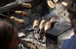 Über einem Grillplatz im Naturpark Sparbach wird von mehreren Leuten Stockbrot gegrillt. 
