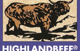 Illustration eines Hochlandrinds mit dem Text 'HIGHLANDBEEF'.