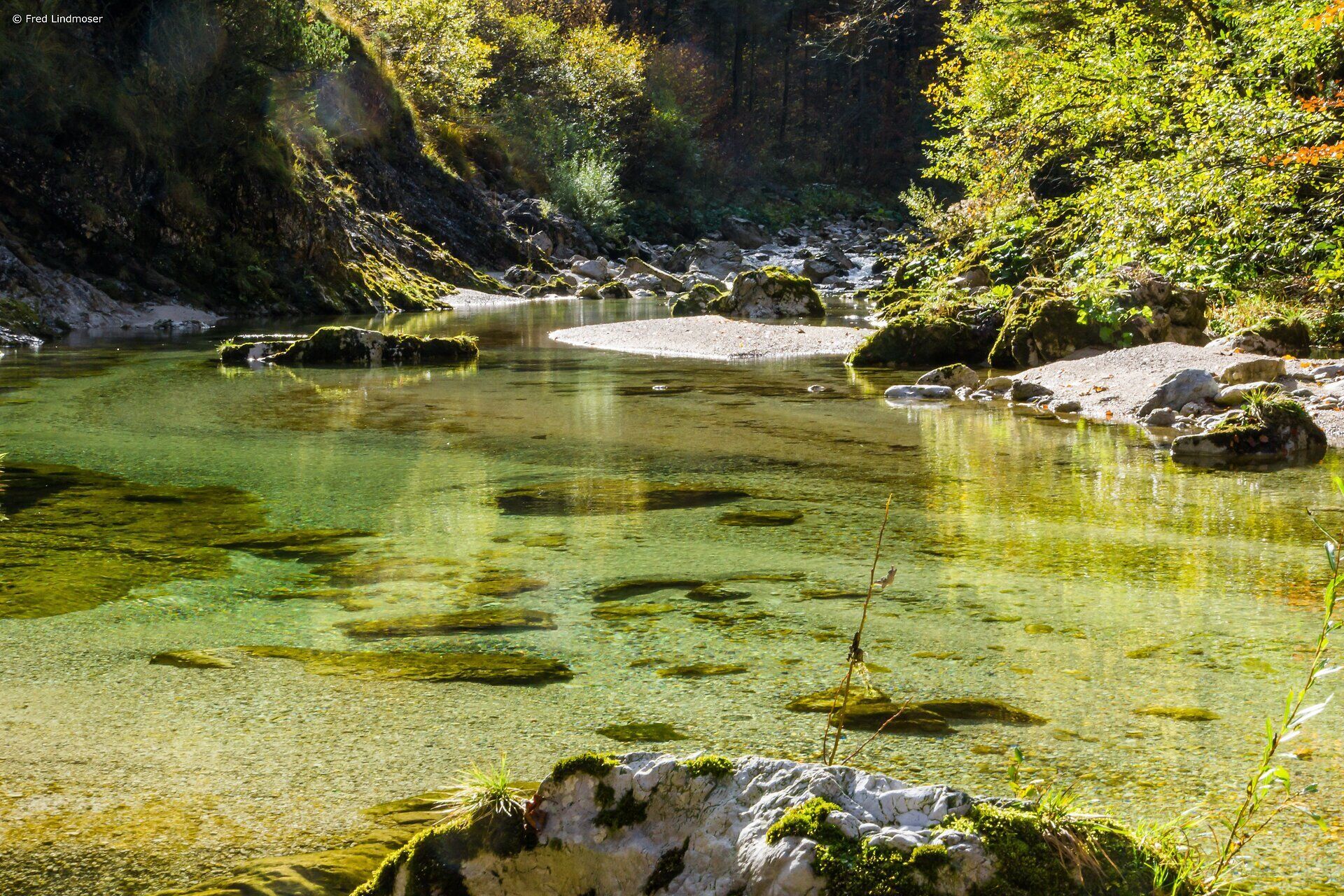 Kristallklares Wasser fließt sanft durch die malerische Landschaft, umgeben von üppigem Grün und majestätischen Bäumen. Die ruhige Atmosphäre lädt dazu ein, die Seele baumeln zu lassen und die Schönheit der Natur in vollen Zügen zu genießen.