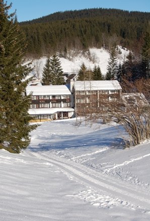 Verschneites Hotel in einer Berglandschaft mit Tannenbäumen.