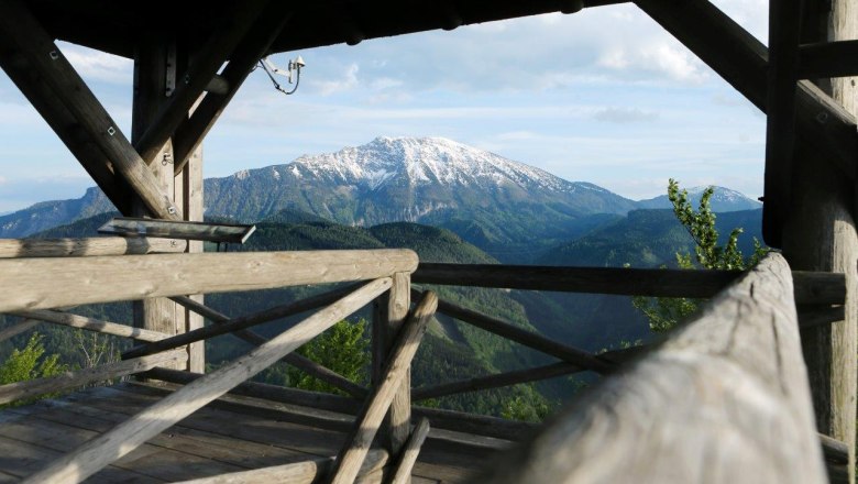 Holzaussichtsturm mit Blick auf schneebedeckten Berg und bewaldete Hügel.