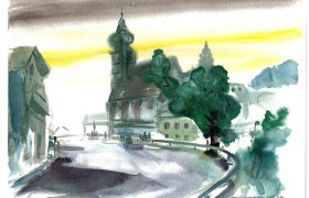 Aquarell einer Stadtansicht mit Kirche und Bäumen.