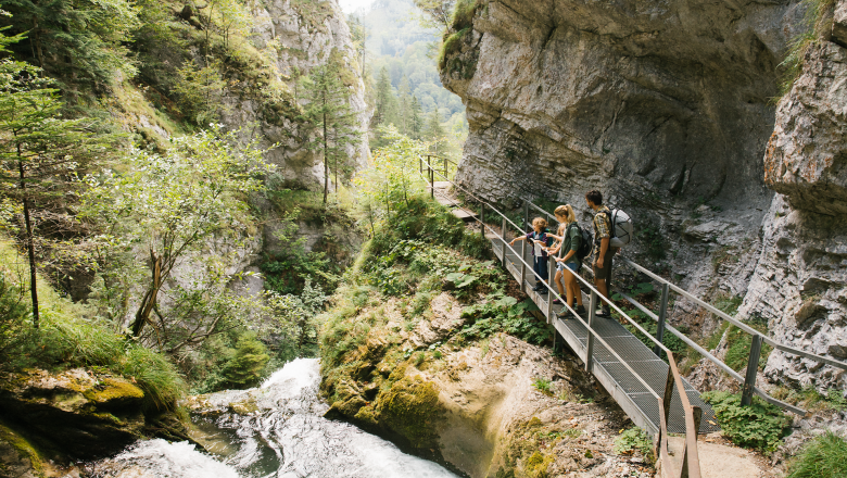 Ein malerischer Wanderweg schl&auml;ngelt sich entlang des rauschenden Wassers, umgeben von &uuml;ppigem Gr&uuml;n und majest&auml;tischen Felsen. Familien genie&szlig;en die frische Luft und die atemberaubenden Ausblicke auf die Natur, w&auml;hrend sie die Sch&ouml;nheit des Naturparks &Ouml;tscher Torm&auml;uer entdecken.