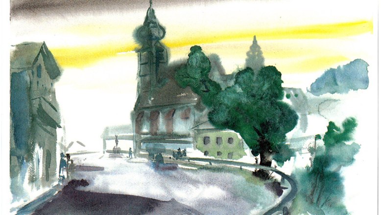 Aquarell einer Stadtansicht mit Kirche und Bäumen.