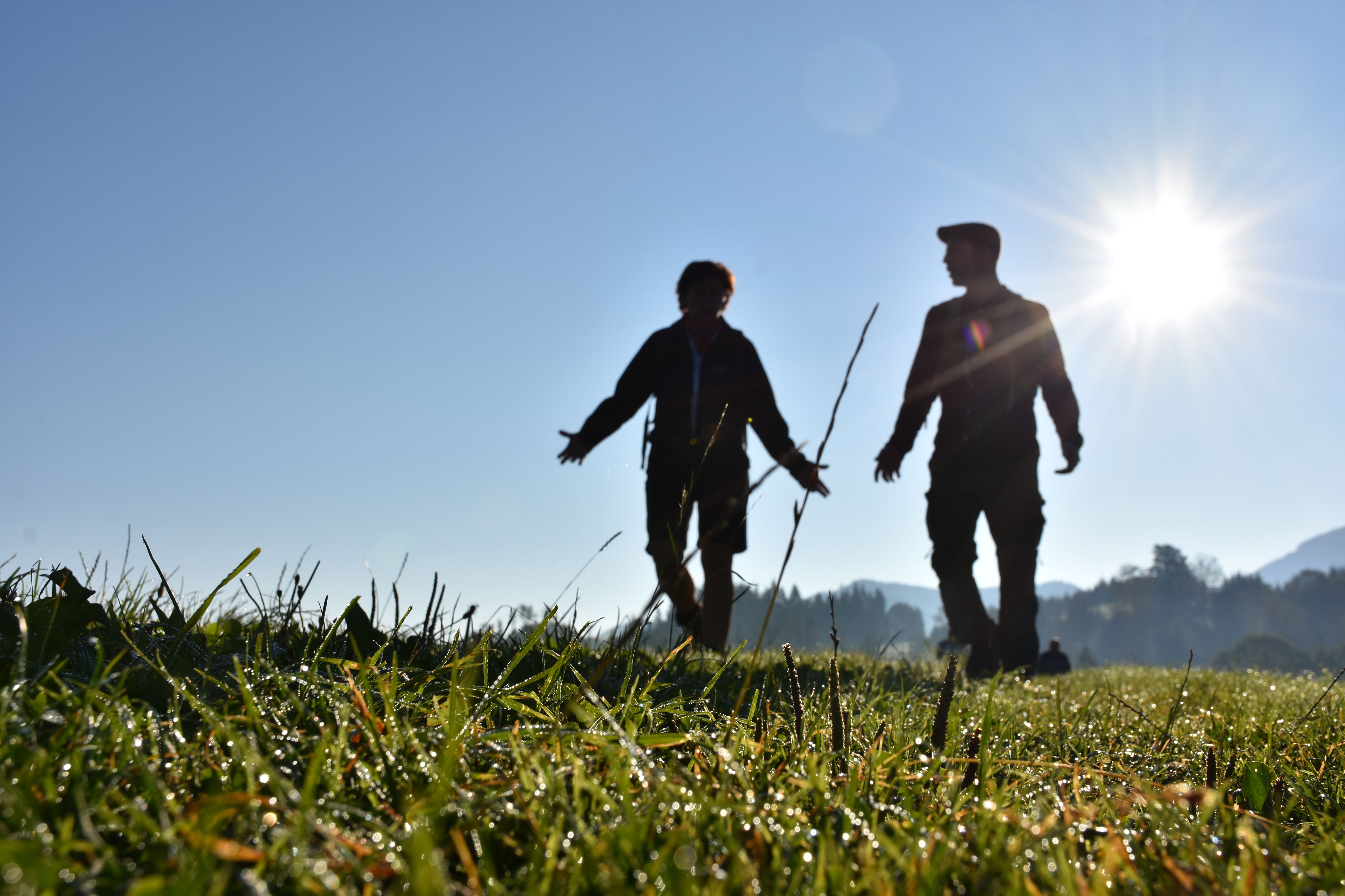 Zwei Personen wandern auf einer Wiese und sprechen miteinander.